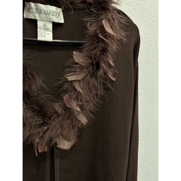 Victoria Harbour Brown Feather Trim Cardigan Sweater Sz XL - Picture 4 of 8
